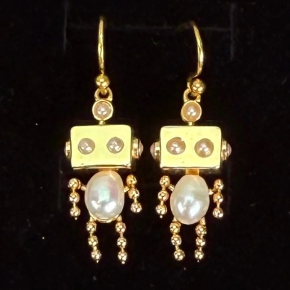 Goldtone Faux Pearl Robot Pierced Earrings